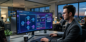 AI Chatbots in Custom Software Solutions automating business workflows and customer interactions on a modern dashboard